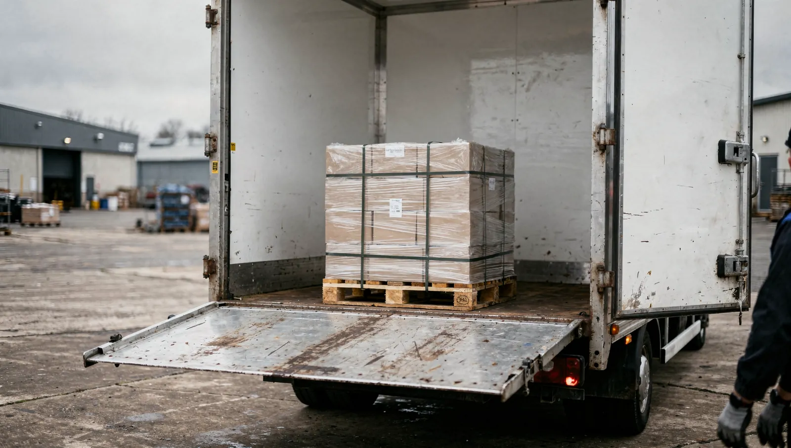 Europalette mit Ladung auf der abgesenkten Hebebühne eines Lkw
